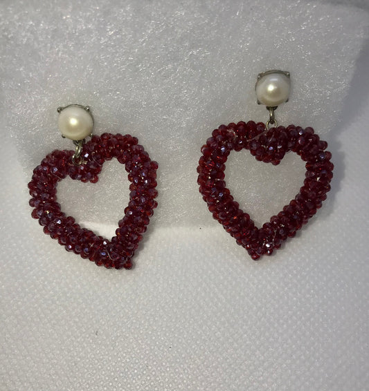 Pearl and Ruby Red Heart shaped Earrings