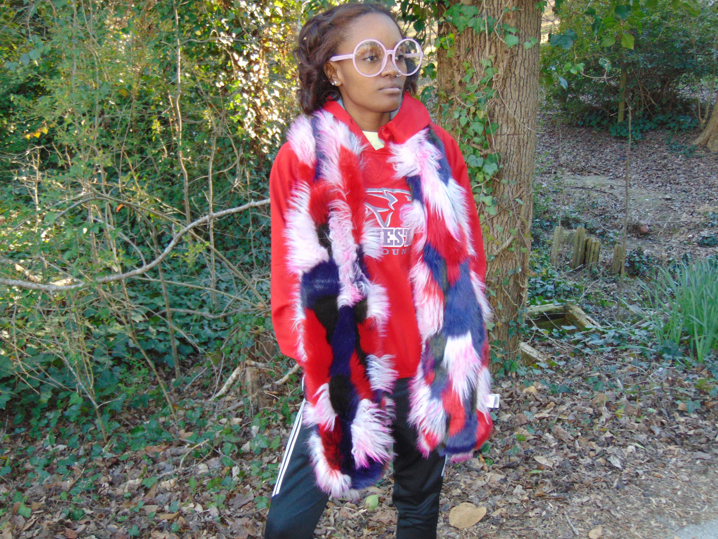 UGG multi color fur scarf with mitted ends