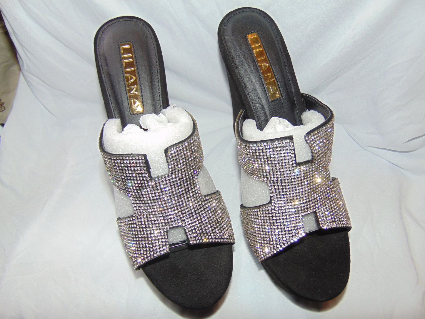 Lilianna Rhinestone Black Wedge Platform Slide