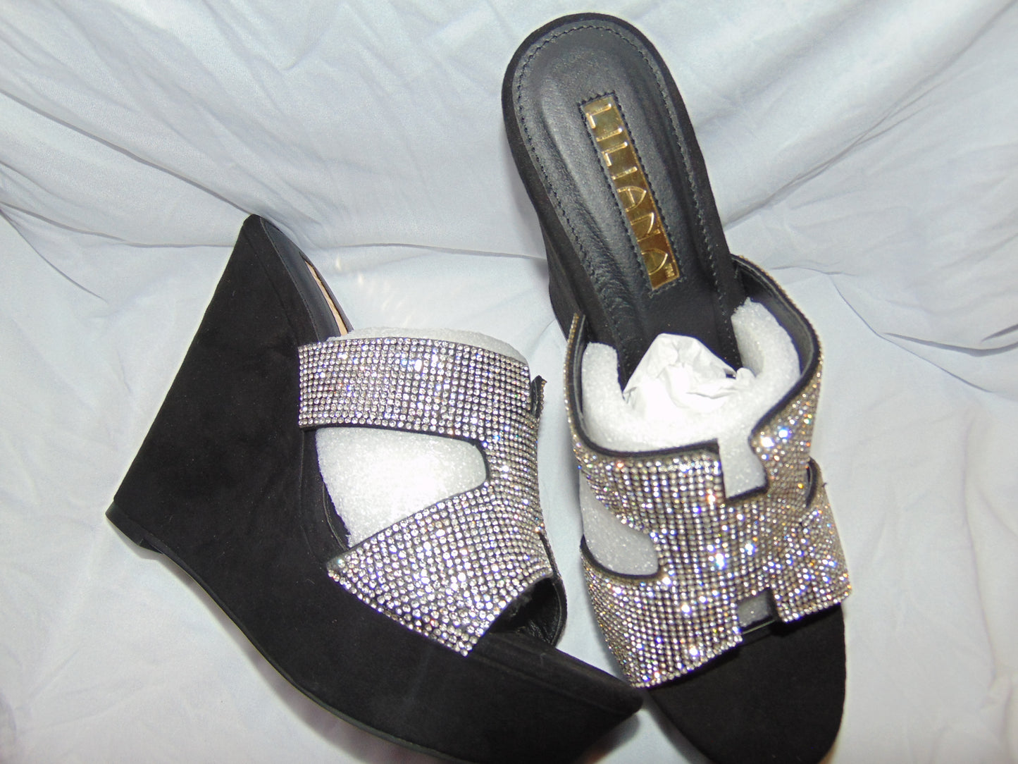 Lilianna Rhinestone Black Wedge Platform Slide